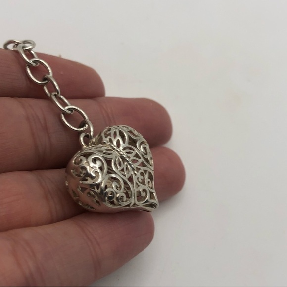 Vtg Sterling Silver 3D Puffy Filigree Heart Charm Bracelet 7.5” Adjustable - Picture 2 of 6
